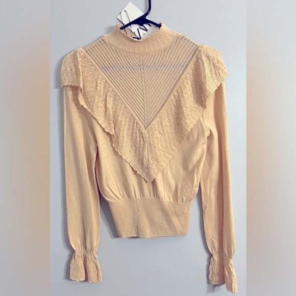 Zara Dollette knit long ruffle sleeve blouse Sz small beige/tan NWT! - Picture 3 of 14